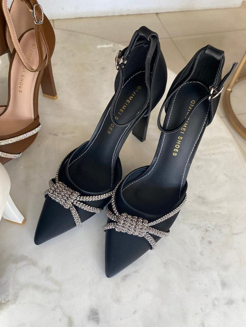 Rhinestone Embedded Pointy Ankle Strap Heels